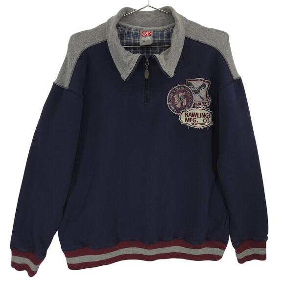 Rawlings Sweatshirt Mens Large Navy Baseball Patch Long Sleeve 1/4 Zip Pullover - Picture 1 of 14